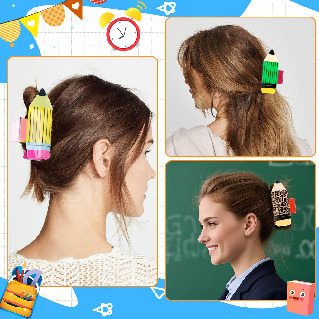 4Pcs Pencil Hair Clips Back To School Hair Accessories For Women Sunflower Leopard Stripe Hair Claw Clips Non Slip Hairpin For Thick Thin Hair School Opens Season Teachers Outfit Decor Clearance - Ms.Rubies Beauty Shop