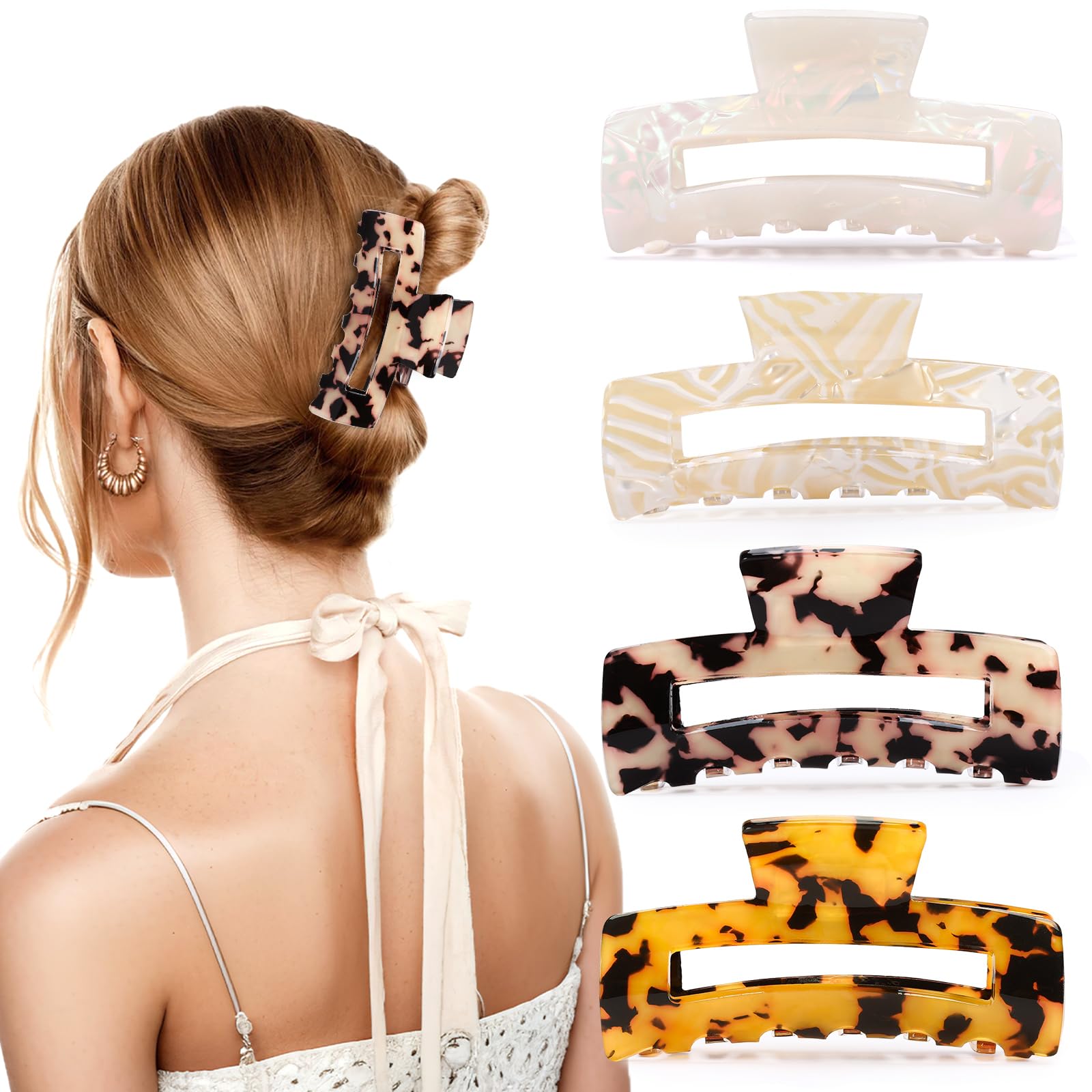 4Pcs Tortoise Hair Claw Clips, Acetate Hair Claw Clip Acrylic French Hair Banana Barrettes Jaw Clips, Stylish Hair Accessories For Women 3.15 Inch Fashion Strong Hold For Thick Thin Hair,442 - 9838 - G14 - Ms.Rubies Beauty Shop