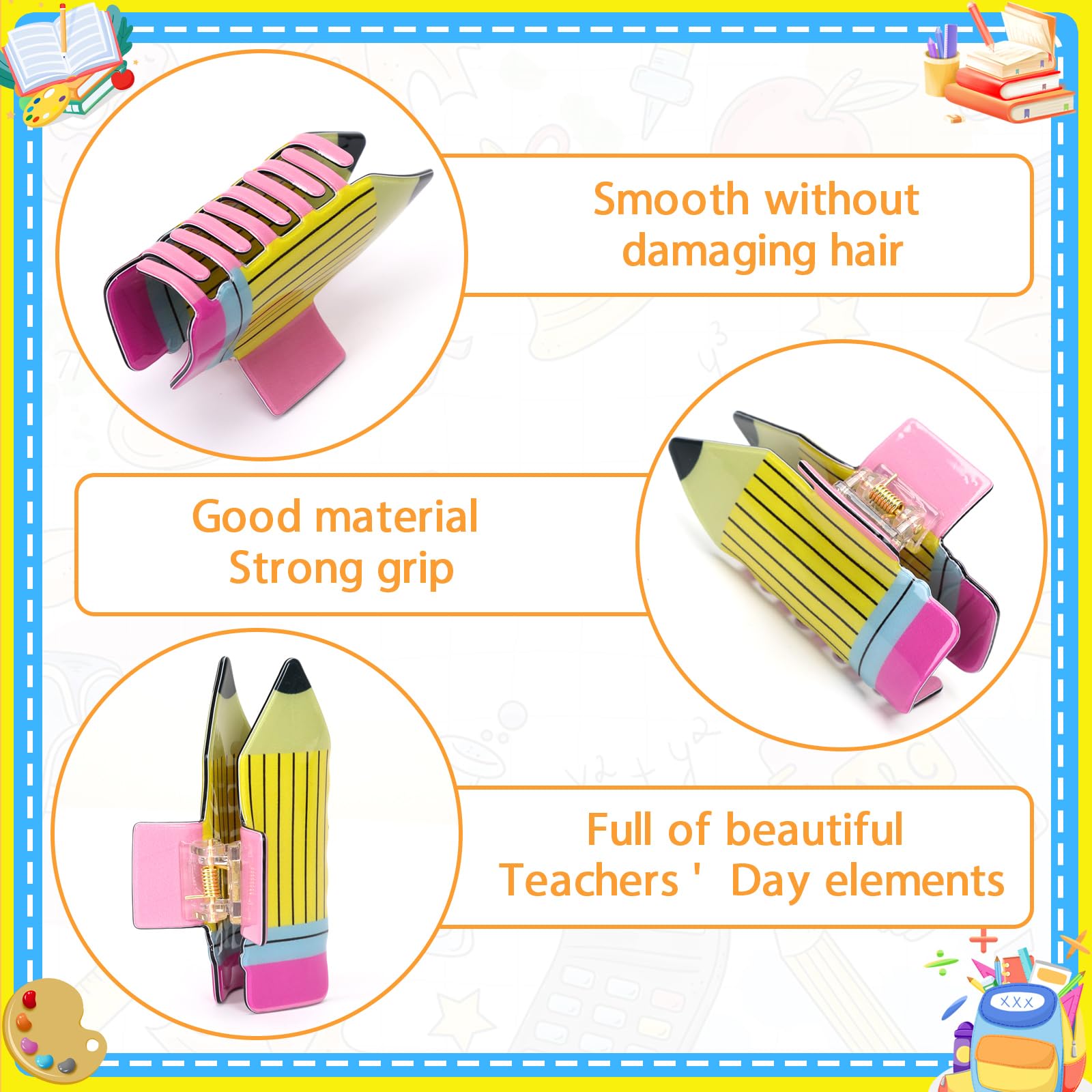 4Pcs Pencil Hair Clips Back To School Hair Accessories For Women Sunflower Leopard Stripe Hair Claw Clips Non Slip Hairpin For Thick Thin Hair School Opens Season Teachers Outfit Decor - Clearance - Ms.Rubies Beauty Shop
